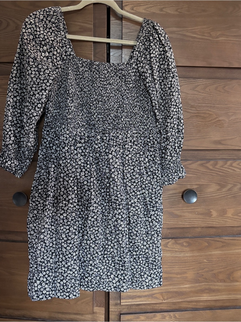 Madewell Black Floral Smocked Square-Neck Mini Dress